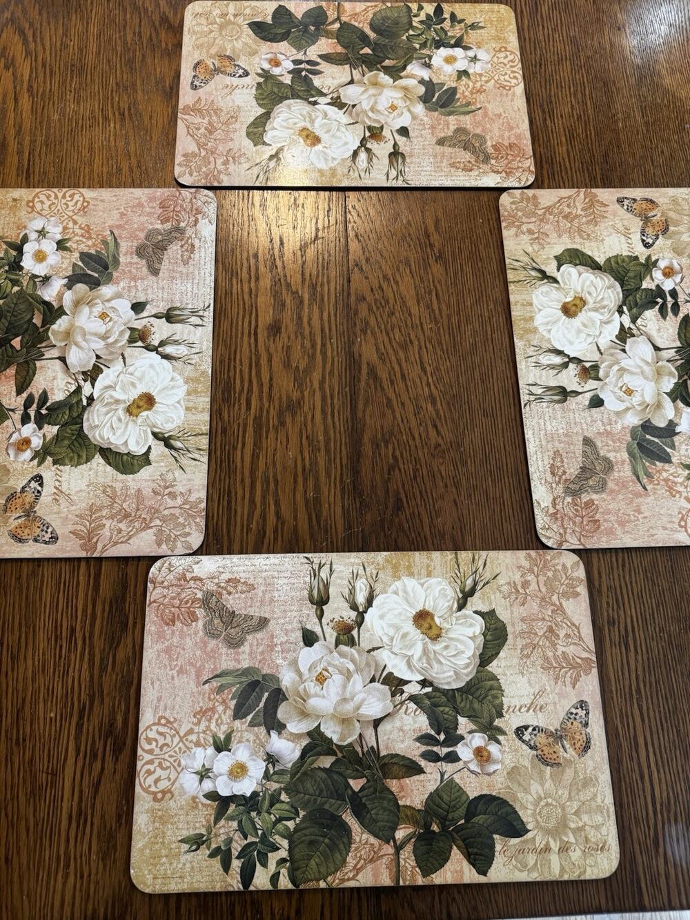 Vintage Roses Placemats Set of 4 Cork Backing Hard Butterfly Floral Victorian